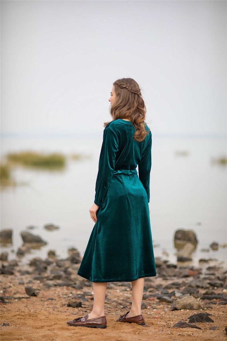 Women/'s velvet dress V-neck wrap Long sleeve Midi women velvet robe bridesmaid Loose plus size clothing with Pocket Winter velvet dress R16