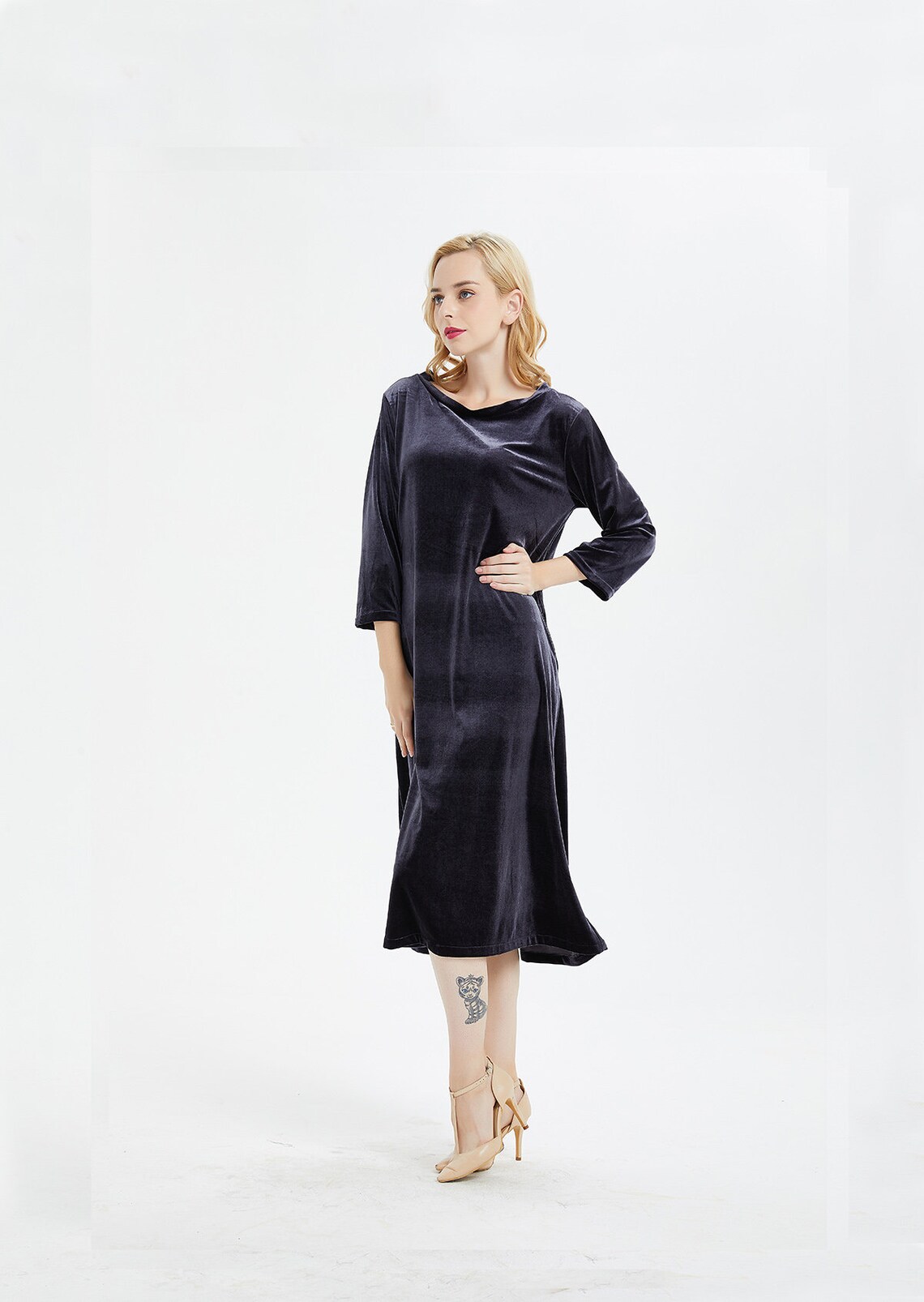 Velvet Dresses With Pockets Women Long Sleeve Round Neck Midi Etsy