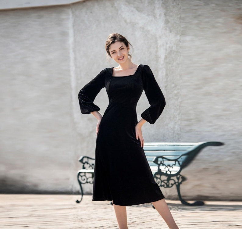 Velvet Dress women Long Sleeve vintage Midi Dress Bridesmaid Dresse black velvet dress Plus Size Dress handmade Winter Dress  R64 