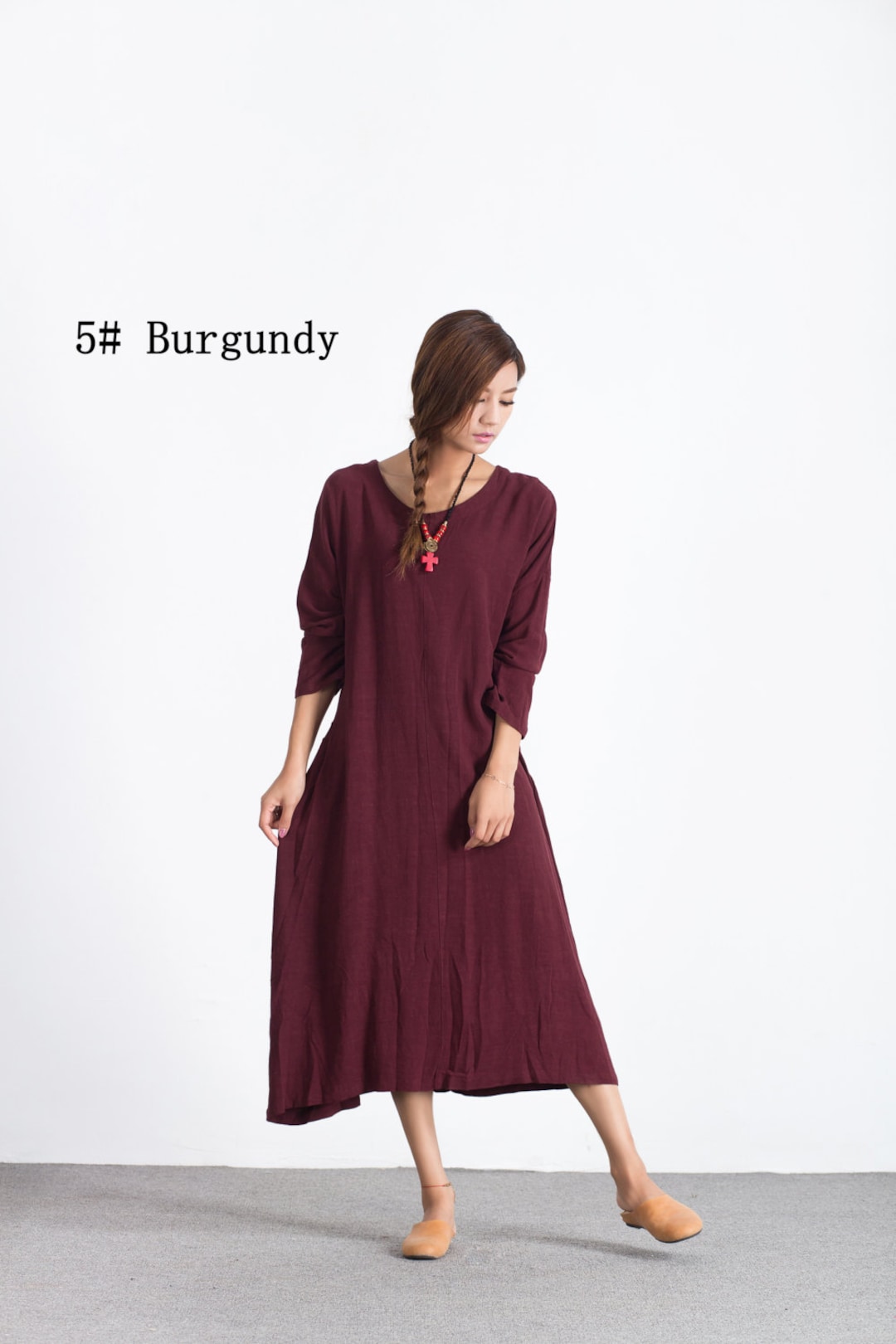 Linen Pockets Semi-Sheer Long Sleeve Dress main image 0