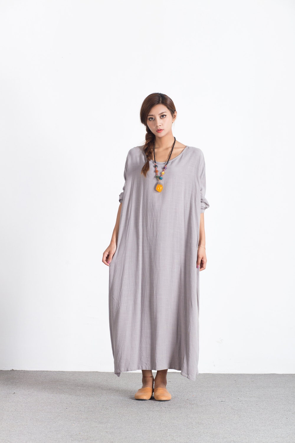 Light Gray Women's Linen Maxi Dress Long Sleeved Cotton - Etsy