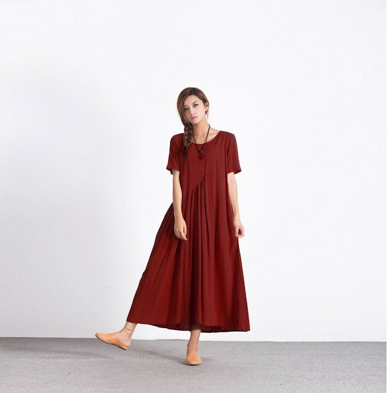 Women's Linen Maxi Dress Short Sleeves 