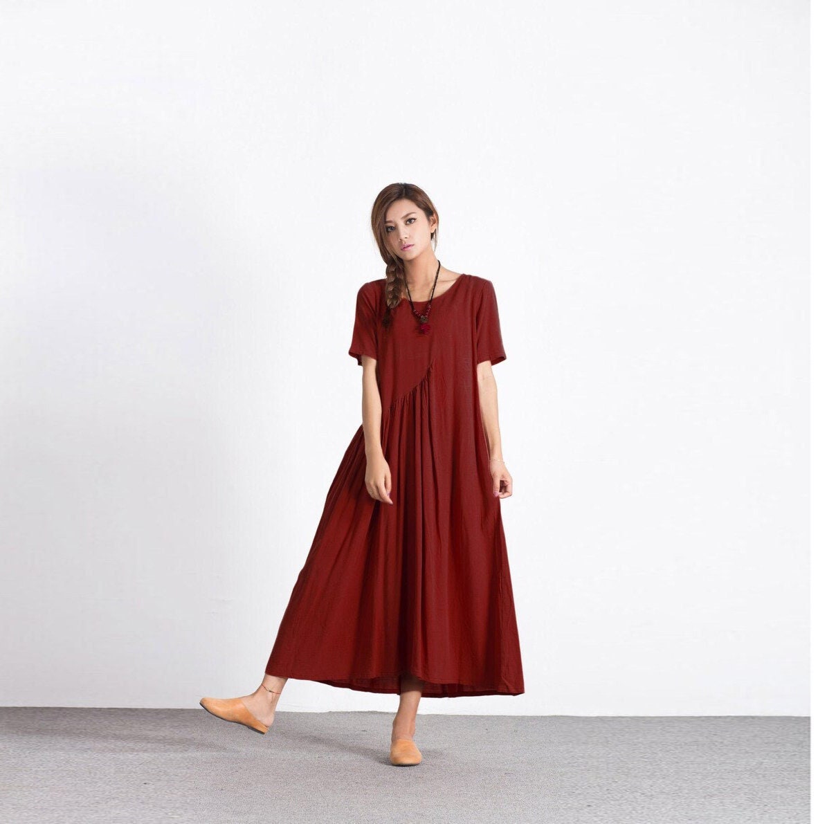 Women's Linen Maxi Dress Short Sleeves Summer Dresses | Etsy
