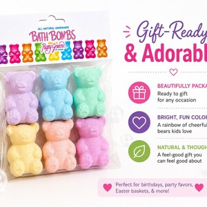 A package of six colorful bear bath bombs rests near a rolled towel, bubbles, and text highlighting gift features.