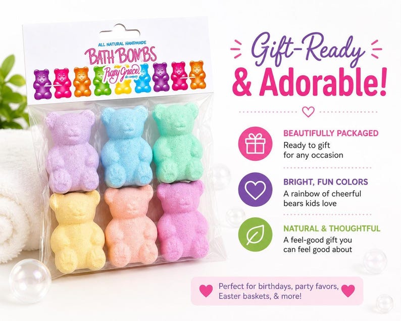 A package of six colorful bear bath bombs rests near a rolled towel, bubbles, and text highlighting gift features.