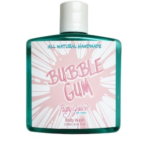 May include: A green plastic bottle of bubble gum scented body wash. The label says "All Natural Handmade Bubble Gum" and "Roxy Grace Co. Body Wash 250ml / 8.45 fl oz."