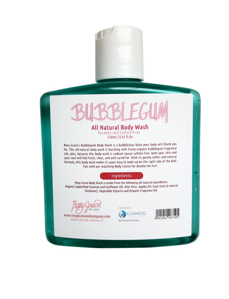 May include: A green plastic bottle of Bubblegum All Natural Body Wash. The bottle is labeled with the product name, ingredients, and a description of the product. The bottle is 8.45 fluid ounces and is paraben and sulfate-free.
