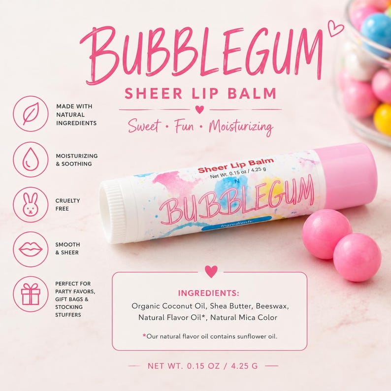 Bubblegum Lip Balm | Natural Flavored Lip Balm | Moisturizing Lip Care | Birthday Party Favor | Handmade Gift image 5