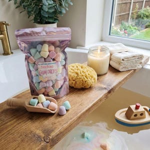 Mini bath bomb gumdrops in 8 oz bag, colorful fruity bath bombs for kids, chunky bath sprinkles for bath potion play
