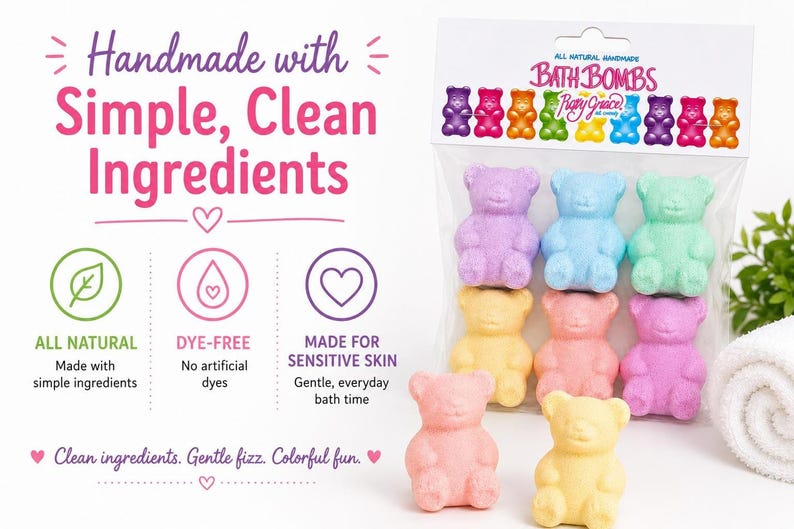 A clear package of six bear bath bombs is displayed beside text detailing clean ingredients and a rolled white towel.