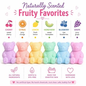 Six colorful bear-shaped bath bombs in purple, peach, yellow, green, blue, and pink line up below fruit icons.