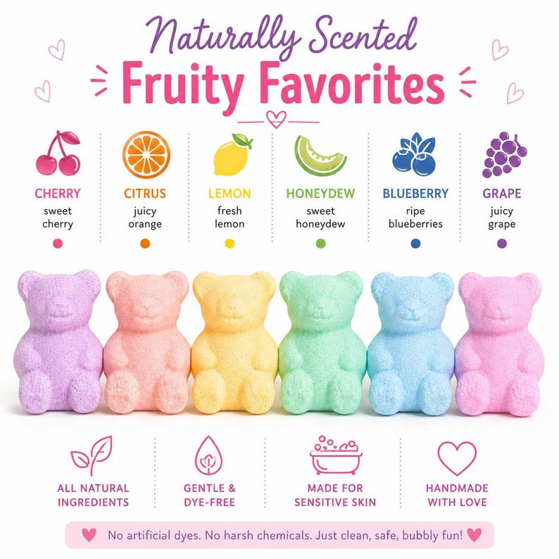 Six colorful bear-shaped bath bombs in purple, peach, yellow, green, blue, and pink line up below fruit icons.