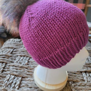 Handmade Adult Knit Hat Faux Fur Pompom All Handmade 100% Merino Wool Multicolors Available Pink Blue