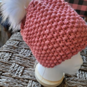 Handmade Adult Knit Hat Faux Fur Pompom All Handmade 100% Merino Wool Toque Beanie Pink Coral