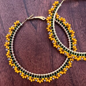 Sunflower Beaded Hoop Earrings: Handwoven Hypoallergenic Steel Posts