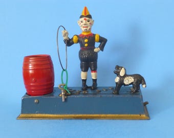 Mechanische Spardose „Trick Dog“ aus Gusseisen, Hubley, 1930er Jahre