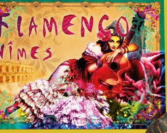 Flamenco poster with a sevillana on the guitar and the bullring of Nîmes in the background