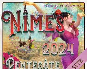 Affiche 2024 Féria de Pentecôte de Nîmes, cartel des corridas avec une sévillane nimoise