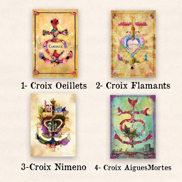 Poster de Croix Camarguaise, 4 modèles de croix des guardians Œillets,  Flamants, Nimeno, AiguesMortes- pour style chic esprit roulotte