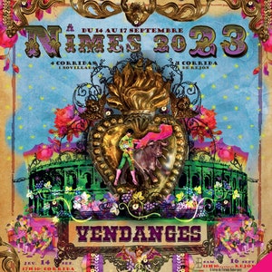 Affiche 2023 Pinksteren Feria de Nîmes, kartel van stierengevechten van de feria van Nîmes met Sevillian