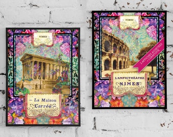 Poster de l'amphithéâtre de Nîmes, les arènes ou de la Maison Carrée de Nîmes - Le temple romain nîmois  avec des fleurs et de la tapisserie