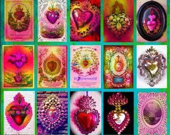 Ex-voto Hearts church jewelry collection poster - mosaic of hyper colorful religious backdrops perfect for paper collages religious gifts