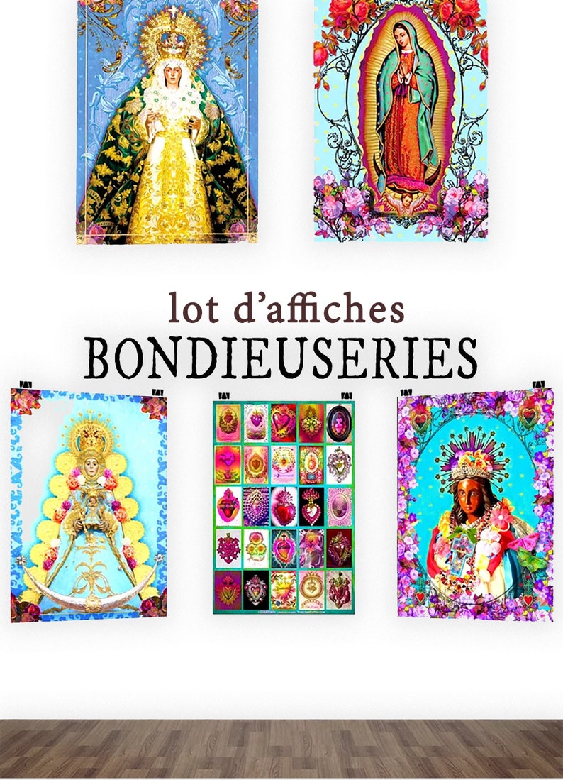 Lot de 3 Affiches bondieuseries Madones Vierges Religieuses Posters esprit roulotte image 1