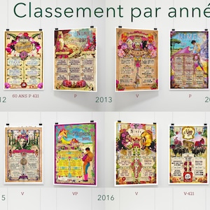 Peut inclure: Une collection d'affiches illustrant la Feria de Nîmes, un festival traditionnel qui se déroule chaque année à Nîmes, en France. Les affiches présentent des illustrations colorées et du texte, mettant en avant les années 2012 à 2017.