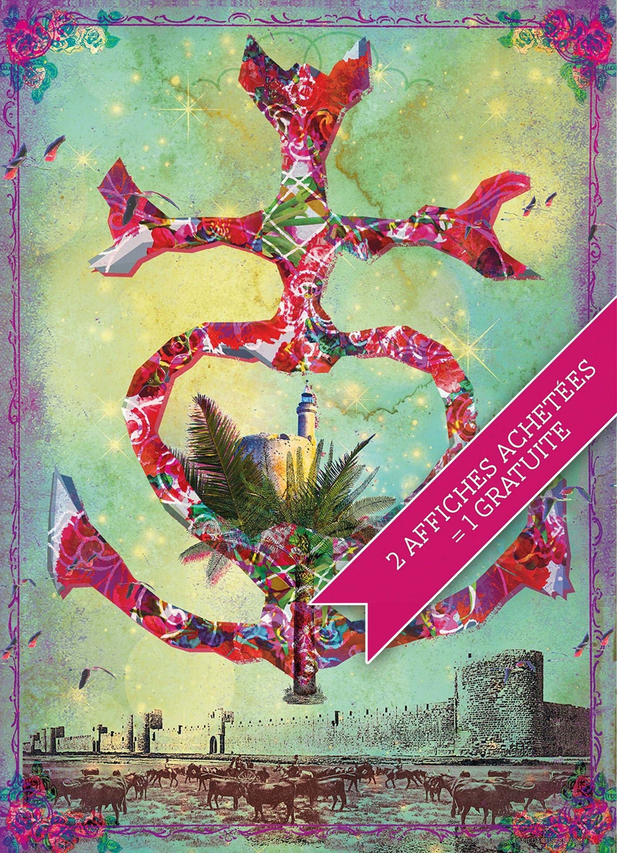 Poster de Croix Camarguaise avec Le Village Fortifié d'aigues Mortes, La Tour Constance et Les Bious