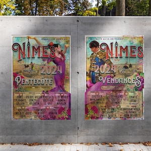 Kavel Affiches 2024 Oogst- en Pinksterbeurs van Nîmes, stierenvechtkartel met een Sevilliaanse vrouw uit Nîmes