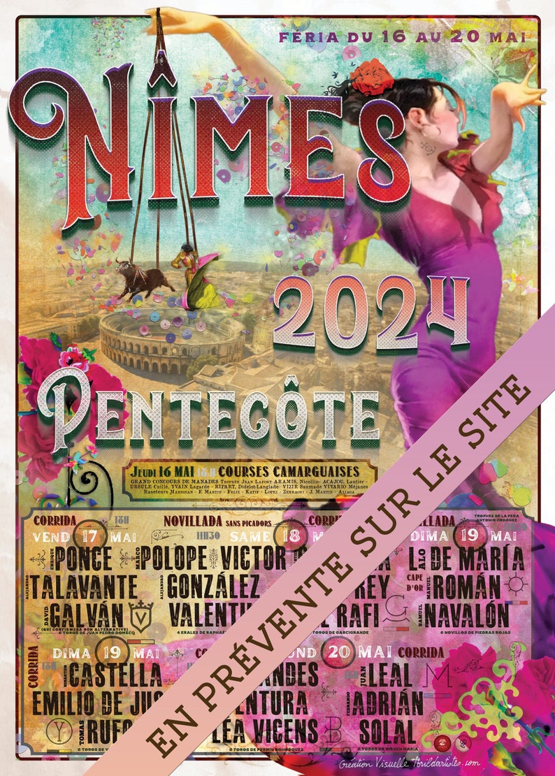 Affiche 2024 Féria de Pentecôte de Nîmes, cartel des corridas avec une sévillane nimoise image 1