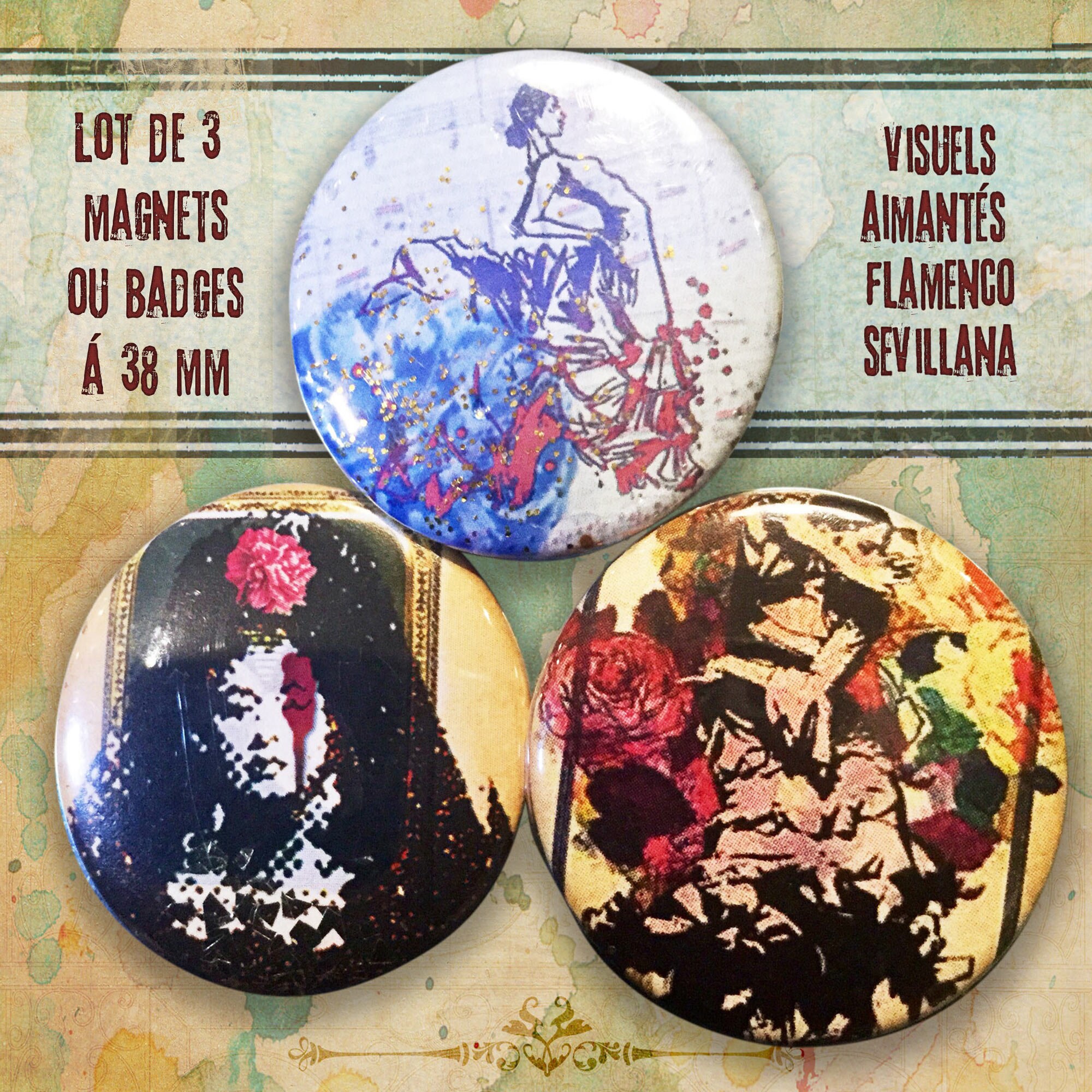 Lot de 3 Magnets ou Badges à 38 mm - Visuels Aimantés Broches avec Frida Flamenca Danseuse Sevillane