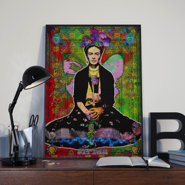 Frida Flowers Poster - Mexican Artist F. Kahlo in Buddha mode with flowers in her hair and damaged butterfly wings