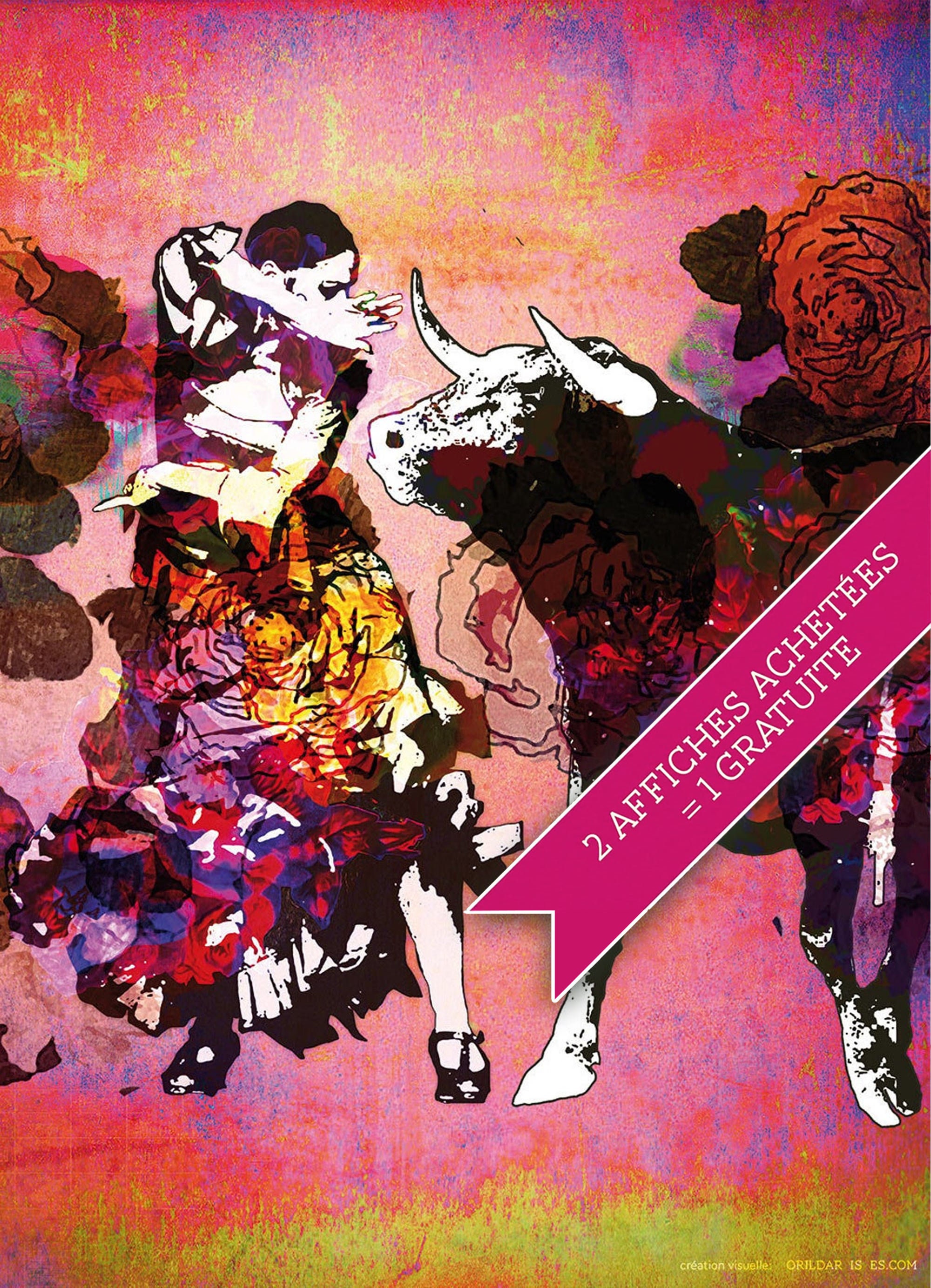 Poster La Romeria Mauguio 2017 avec Une Gitane et Un Esprit Roulotte Verdine Danseuse Bohême Contre