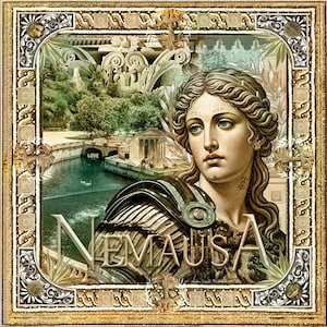 Peut inclure: Une œuvre d'art encadrée représentant un portrait classique de femme avec le mot "NEMAUSA". L'arrière-plan montre une scène de rivière avec des bâtiments et le mot "LOVE" sur un pont. L'œuvre est ornée d'une bordure décorative.