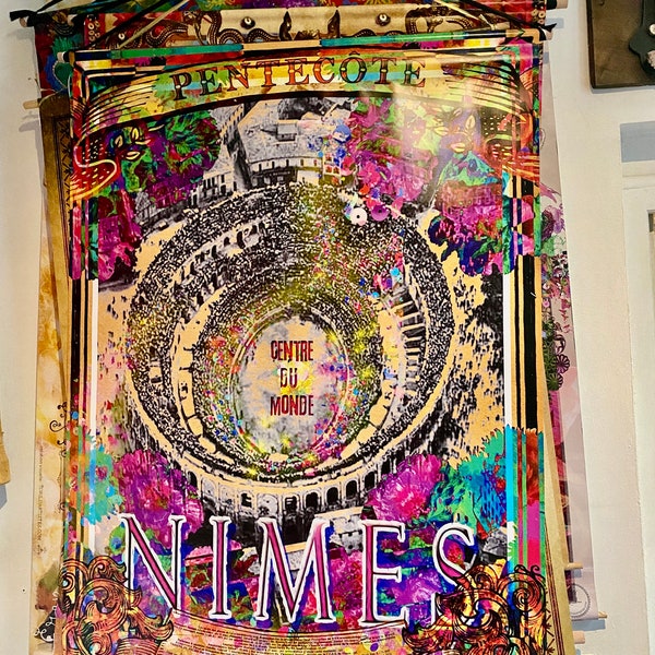 Kakémono bâche - toile de collage - hypercolorées autour de Nîmes et des cultures du Sud