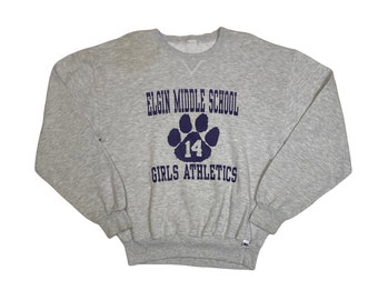 Vintage 90er Jahre Elgin Middle School Girls Athletics grau lila Pullover Größe Medium von Russel Athletic