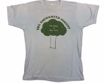 Vintage 80s USA The Enchanted Forest Pre school & daycare light blue single stitch t shirt size medium