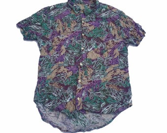 Vintage 90s floral abstract palm leaf hibiscus botanical purple grey green hawaiian party beach shirt unisex size medium