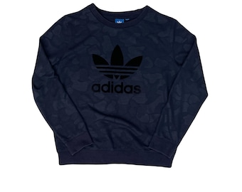 Vintage Y2K Adidas Herren Größe Medium Dark Blue Camo Muster Crewneck Sweatshirt Pullover
