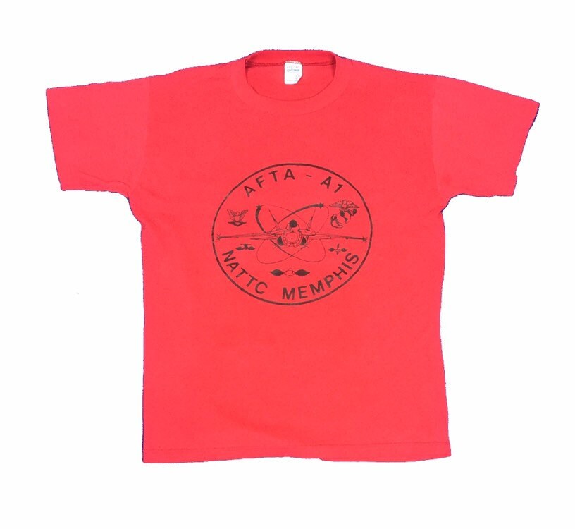 Image of Vintage 80S Afta Nattc Atomic Authentic Cold War Us Naval Training Academy Red T Shirt Size Medium