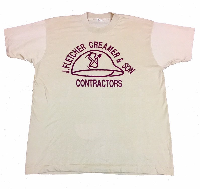 Image of Vintage 80S Quirky Workers Usa Souvenir J.fletcher Creamer & Son Contractors Beige T Shirt Size Xl