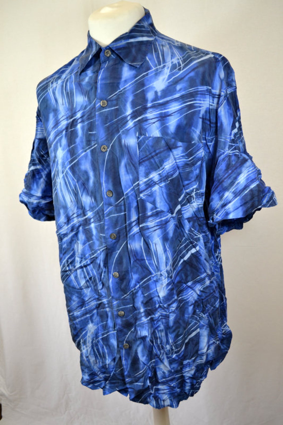 Vintage 90s oversized Blue Abstract Pattern 100% pure silk short sleeve Shirt size XL, Foto 3 von 5