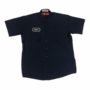 Vintage 90s USA chore workwear factory driver navy blue shirt Robert name badge like Dickies Carharrt redkap size XL