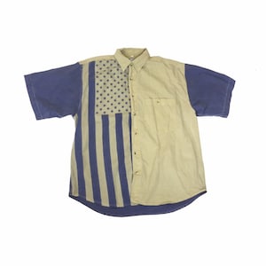 Vintage 90s blue beige block panel USA Stars and Stripes flag western aztec print & check shirt large
