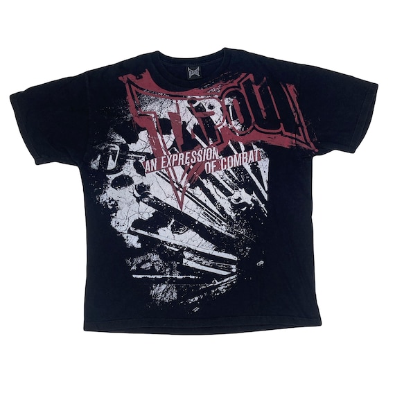 Vintage Y2K Tapout Expression of Combat Red & White Print Black T
