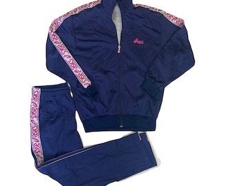 Vintage 90s ASICS blue navy pink gym  track top and trousers set size Large