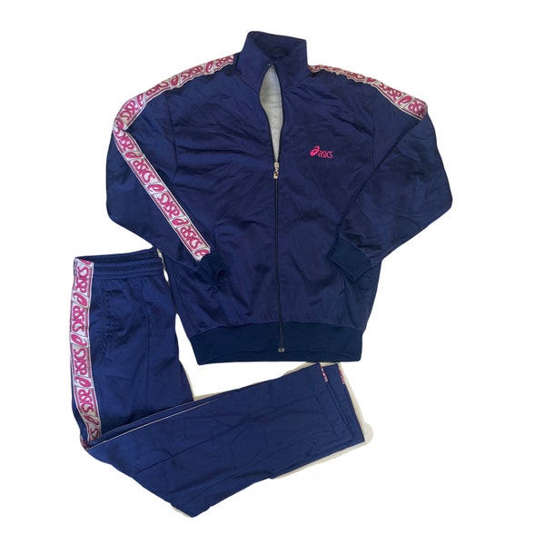 Vintage 90s ASICS blue navy pink gym  track top and trousers set size Large