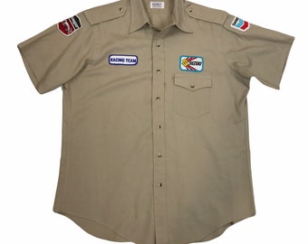 Original vintage 70s beige mechanic work shirt with Suzuki cougar standard badges size large