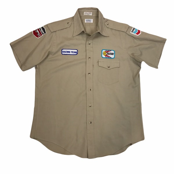 Originele vintage jaren '70 beige monteur werkshirt met Suzuki cougar standaard badges maat groot